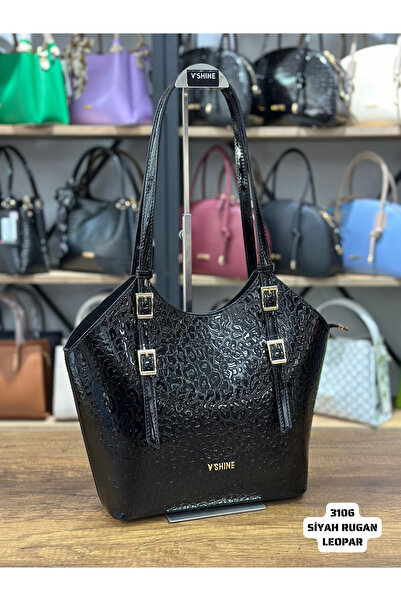 VICTORIA SHINE حقيبة توكالي كبيرة الحجم 3106 جلد ليوبارد أسود لامع