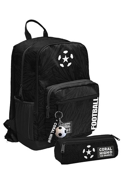 Coral High Boy's Four-Eye School Backpack and Pen Holder Set - Black and White Football - Elementary School