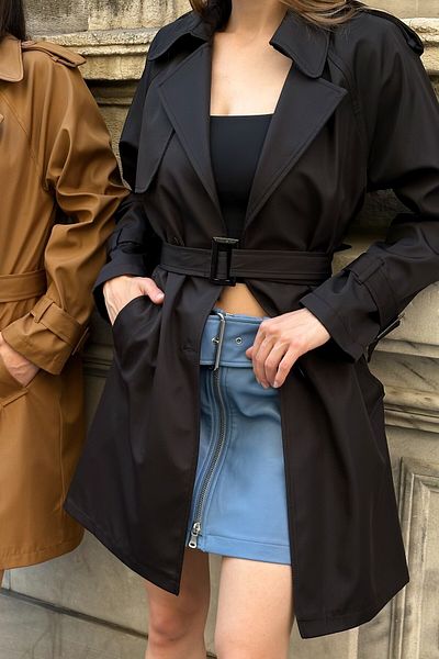moda armanc Women's Belted Buttoned Double Breasted Collar Trench Coat - Black 9360