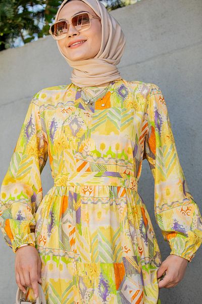 Tesettür Çarşım Mihre Ethnic Pattern Modal Crepe Dress-Yellow