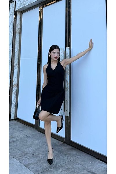 Nesil Mini Summer Dress with Back Cutout and Button Closure at Neckline