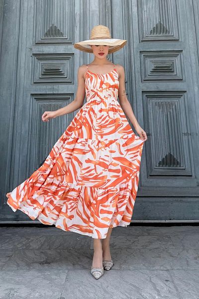lodmela Viscose Dress with Elastic Waist and Straps 6035-Orange