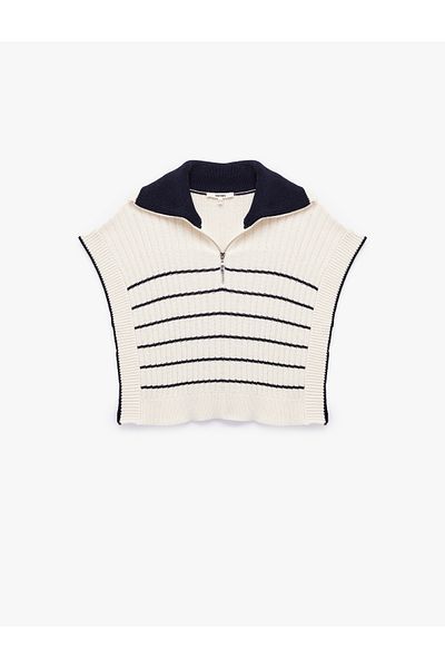 Koton Half Zip Polo Neck Striped Sweater with Side Slits