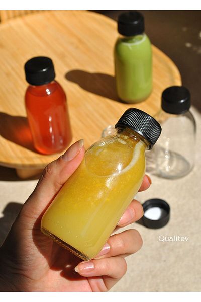Qualitev 100ml Glass Bottle Transparent Ziplock Leak Proof Black Lid Juice Detox 5Pcs