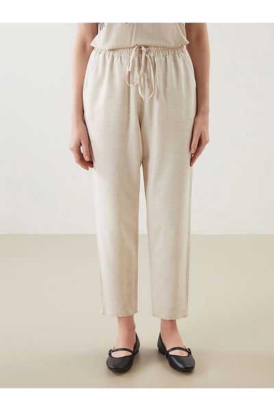LC Waikiki Lcw Grace Beige Women's Linen Blend Trousers with Elastic Waist