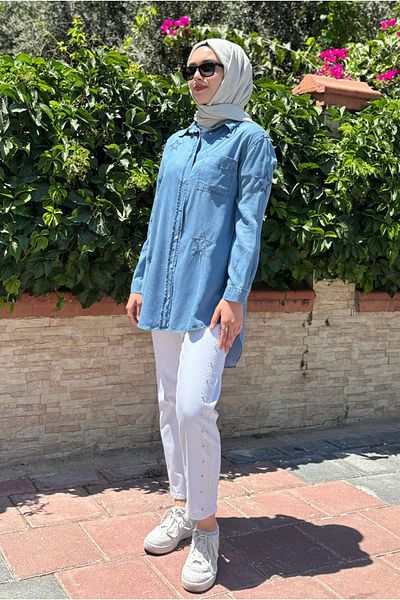 Moda Rosa 25Y7022 - Light Blue - Star Embroidered Shirt