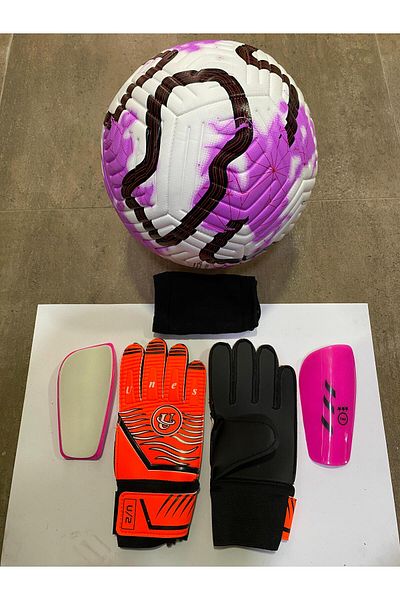 unes 5 No Purple Soccer Ball Goalkeeper Gloves and Shin Pads Set with Pump Gift