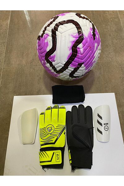 unes 5 No Purple Soccer Ball Goalkeeper Gloves and Shin Pads Set with Pump Gift