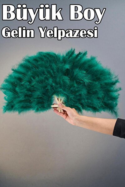 Dantelux Büyük Boy Tüylü Kına Gecesi Gelin Yelpazesi (55x25 cm) - Yeşil