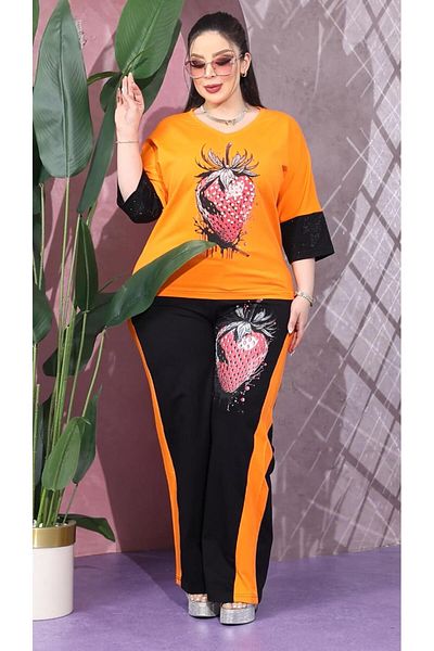 Kokostrendi Strawberry Pattern Crystal Stone Tracksuit Set - Orange