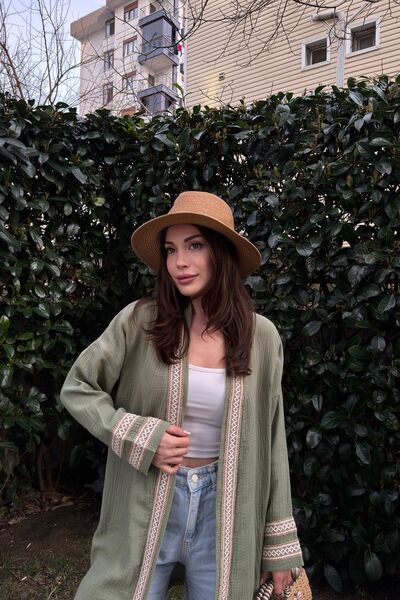 NEW LAVİVA Women's Straw Detailed Oversized Muslin Kimono 700-3441