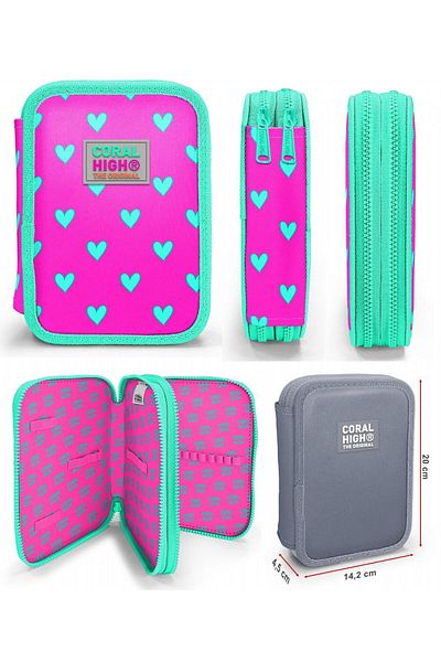 Coral High Green Pink Heart Patterned Girl's School Bag and Organizer Pen Holder Set 23113 11133