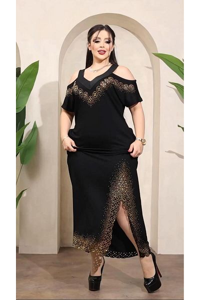 Kokostrendi V-Neck Shoulder Low-Cut Crystal Stone Dress - Black