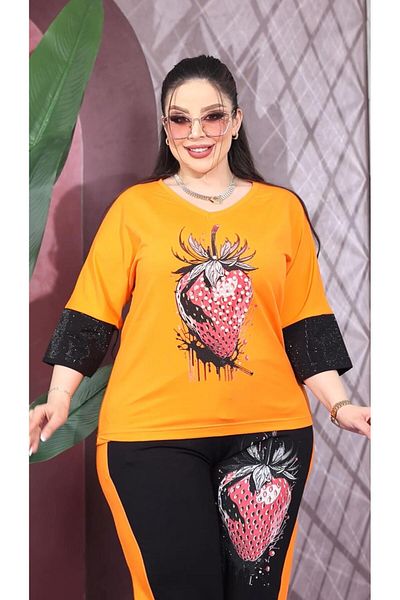 Kokostrendi Strawberry Pattern Crystal Stone Tracksuit Set - Orange