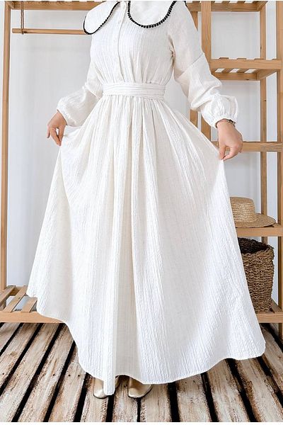 Neşeli Butik Women White Ruffle Collar Lining Hijab Dress Nms062