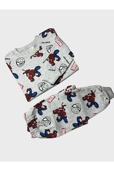 Pajama Shop Boys' Cotton Hooded Gray Spider Avengers Patterned Long Sleeve Winter Pajama Set