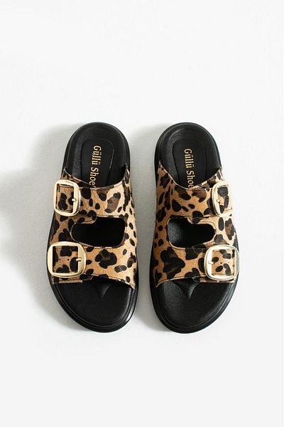 Güllü Shoes Leopard Patterned Double Buckle Anatomical Sole Women's Slippers Summer Daily Comfortable Orthopedic Sandals