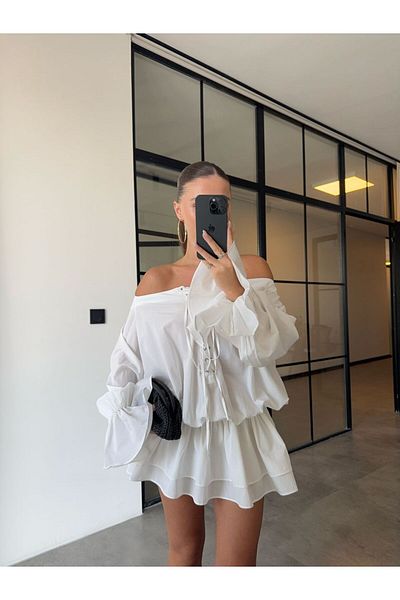 BB Bensu Buyruk MINI ROCHIE BALON ALBĂ FĂRĂ UMĂR