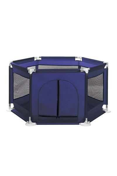 SOLLUXE Playpen for children, activity center with protective mesh and zippered door, 128x113x65cm, blue