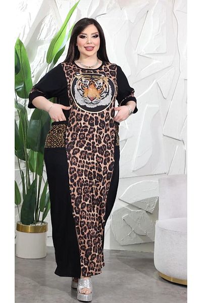 Kokostrendi Spotted Leopard Crystal Stone Long Dress - Black