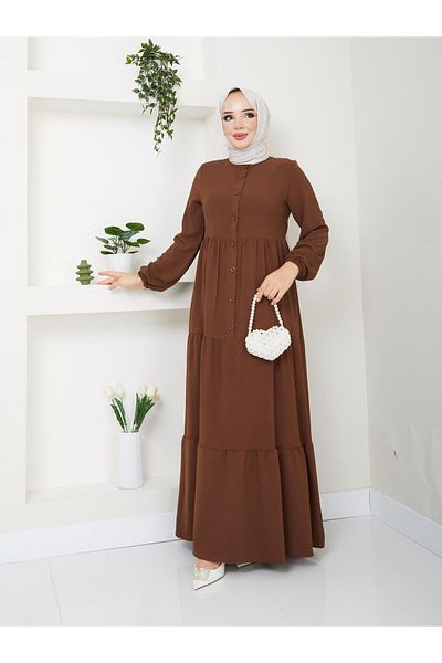 exxitcollection Women's Ayrobin Relaxed Cut Fabric Brown Long Stylish Hijab Dress