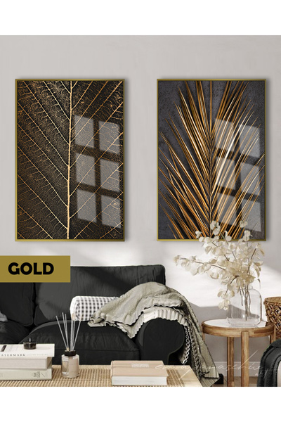 Harikabirev HARİKABİREV | ( PALM ) SET NEGRU & AUR COMBINAT FRUNZĂ | TABLO CU...