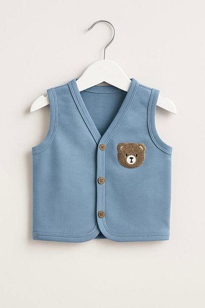 Magu Unisex Baby Cotton Blue Teddy Bear Embroidered Buttoned Vest - Casual Comfortable Style