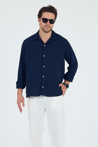 Trn JNS Ανδρικό πουκάμισο με υπερμεγέθη υφή Navy Blue Summer Aerobin