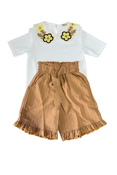 Kamex Embroidery Baby Collar Short Sleeve T-Shirt Shorts Girl's Set