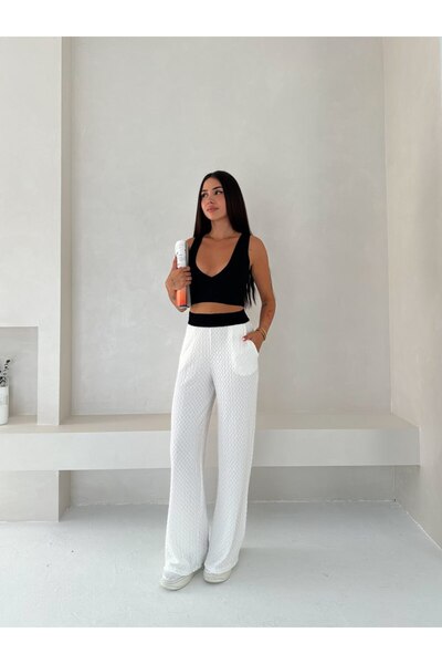 Gugus Women's Seersucker Waist Gucci Elastic Wide Leg Summer Pants