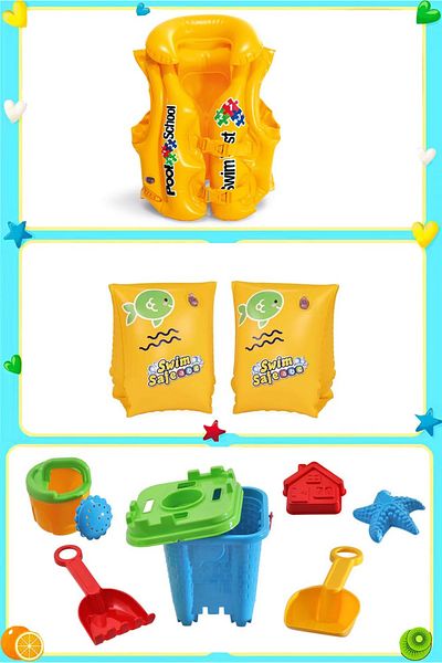 Yeşil Oyuncak 3-6 Years Old Children's Swimming Assistant Beach Pool Sea Leisure Set Life Jacket + Inflatable Arm Sleeve + Sand Bucket