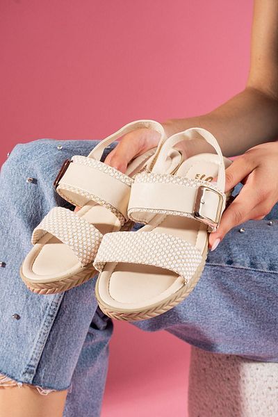 FUGA MODA Elvia Beige Double Strap Buckle Detailed Back Elastic Sandals