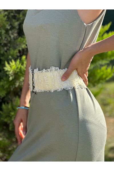 Gönülden Tasarım Lace Elastic Design Ecru Women's Belt 75 cm