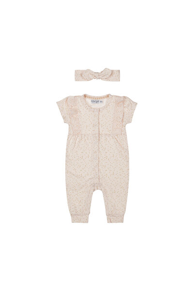 Dirkje طقم بناتي قطني من رومبر وربطة رأس - خوخي بنقط ذهبية