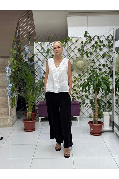 Punta Otantik Nc17461 Italian Sleeveless Ruffle Linen Blouse White