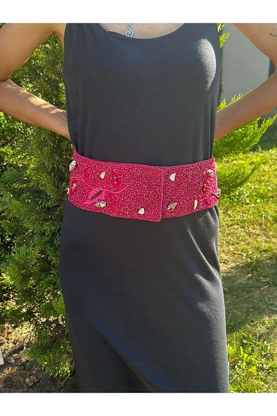 Gönülden Tasarım Pink Beadwork Sea Shell Work Women's Cirtcirt Women's Belt 110X10 cm