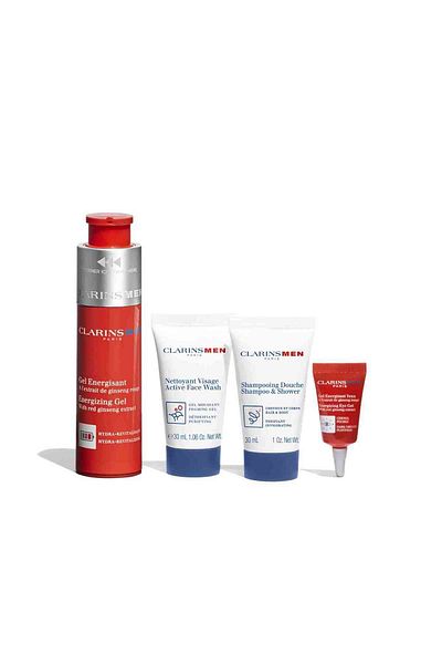 Clarins Men Cleansing & Energizing Set – Energizing Gel, Scrubbing Foam, Shampoo, Eye Gel, Travel Kit