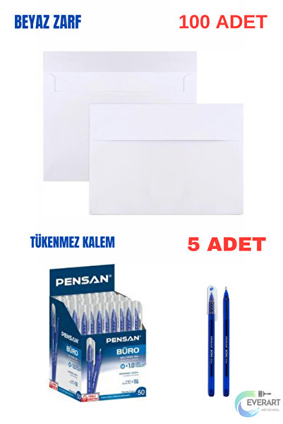 everart Düğün, Para Takı Zarfı Ağzı Yapışkanlı 100 Adet Ve 5 Adet Tükenmez Kalem