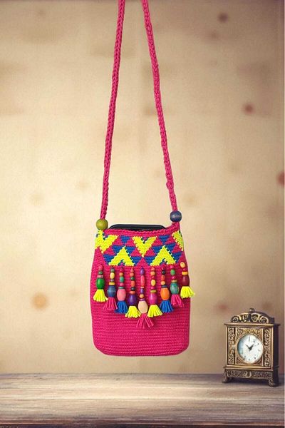 Urz Kids Pink Hand-Knitted Ethnic Pattern Mobile Phone Bag Mini Bag