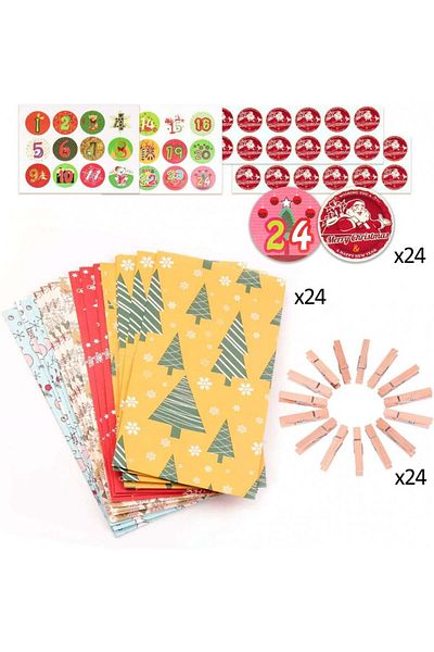KATELUO Set of 24 bags with stickers and clips for Kateluo advent calendar, paper/wood, multicolor