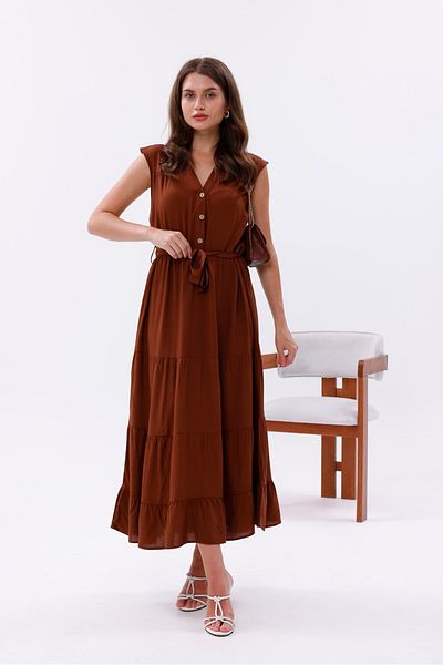 Pulli Collection Rochie maxi maro cu curea din viscoză, cu nasturi