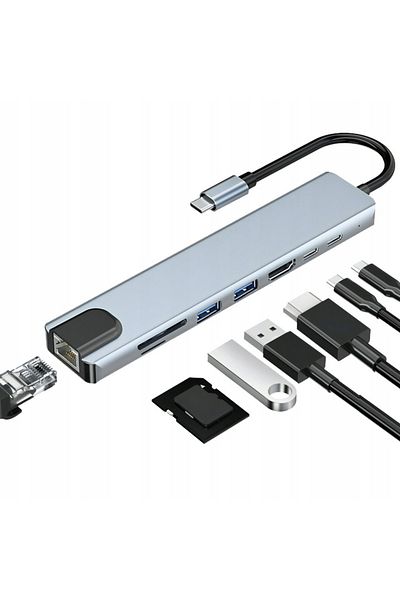 NewEvo Adapter Hub USB Type-C 3.1 Multiport 8 in 1 to HDMI 4K, LAN RJ45 Ethernet, 1 x USB Type-C, 2 x USB-A