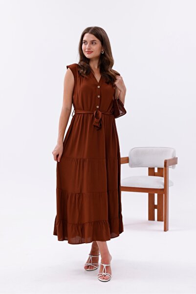 Pulli Collection Brown Viscose Belted Buttoned Layered Maxi Dress