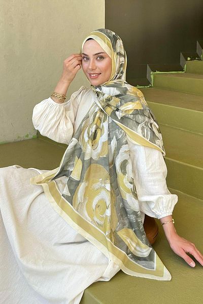 lamelif Flower Pattern Cotton Shawl Yellow
