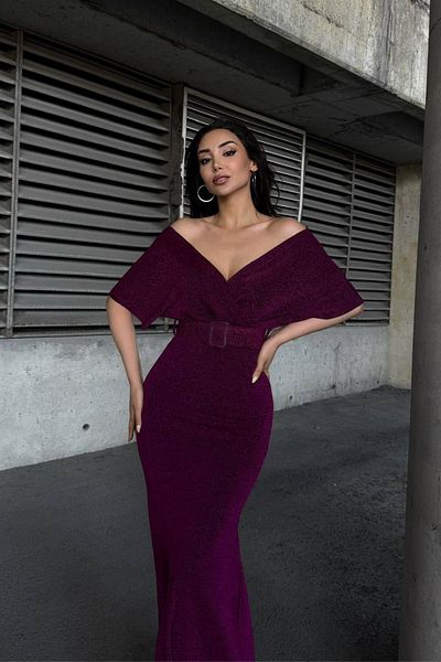 Mossta V-Neck Glitter Belted Flowers Long Evening Dress - Plum