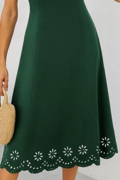 Mossta Миди рокля с разкършен подгъв и лазерно изрязан флорален мотив - зелена