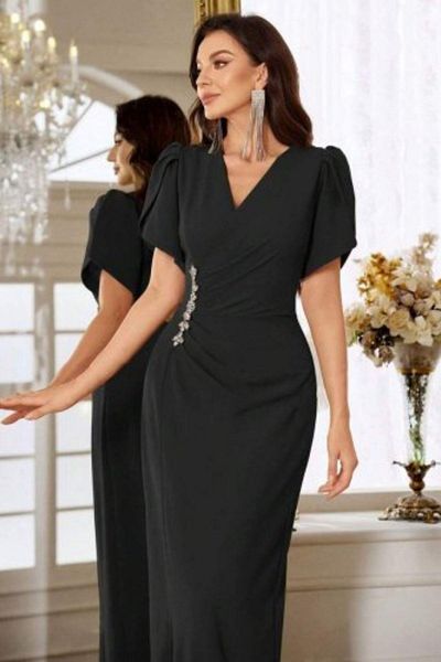 Mossta Sim Stone Detailed Slit Double Breasted Collar Evening Dress - Black