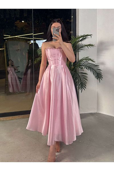 missswans Annet Decollete Beading Κεντημένο Στράπλες Κορσέ Μίντι Μήκος Πριγκίπισσα Βραδινό Φόρεμα Πούδρα Ροζ