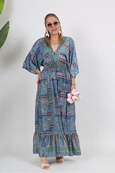 MİSLİNA BUTİK İthal Hint İpek Geniş Kol Bel Lastik Detay Elbise