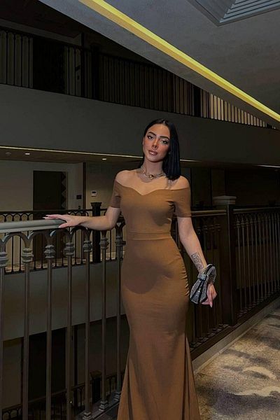 Mossta Off Shoulder Neckline Detailed Long Evening Dress - Brown